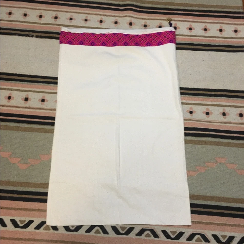 Tory Burch large cream drawstring dustbag pink ribbons trim gold logo charm